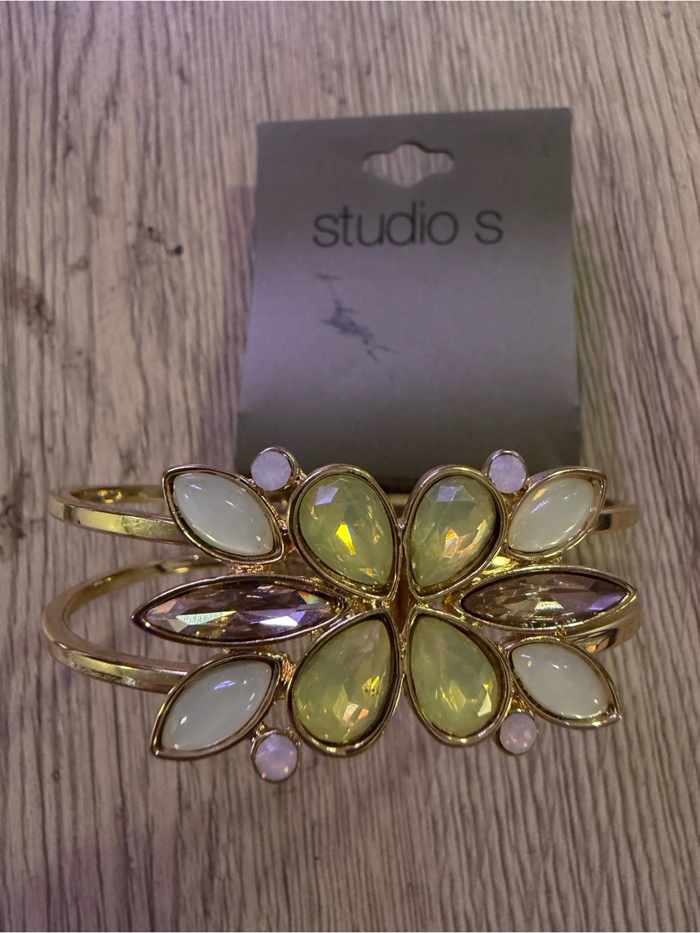 Studio S Gold-Tone Floral Crystal Cuff Bracelet with Yellow and White Stones